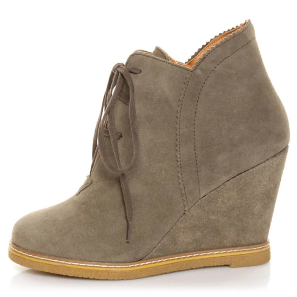 Kelsi Dagger Helix Taupe Suede Lace-Up Wedge Booties